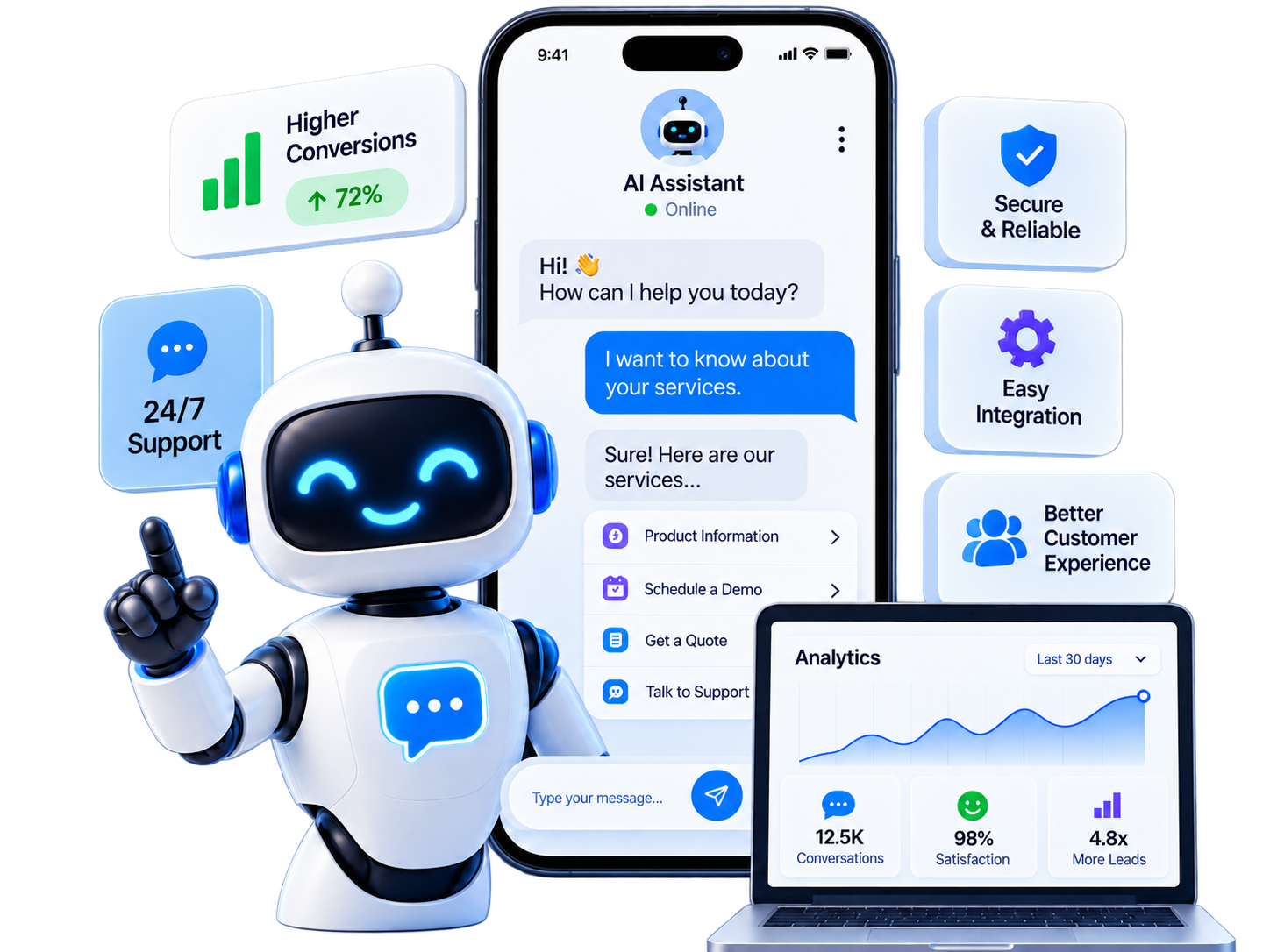 AI chatbot app interface with an assistant answering a customer on mobile and an analytics dashboard