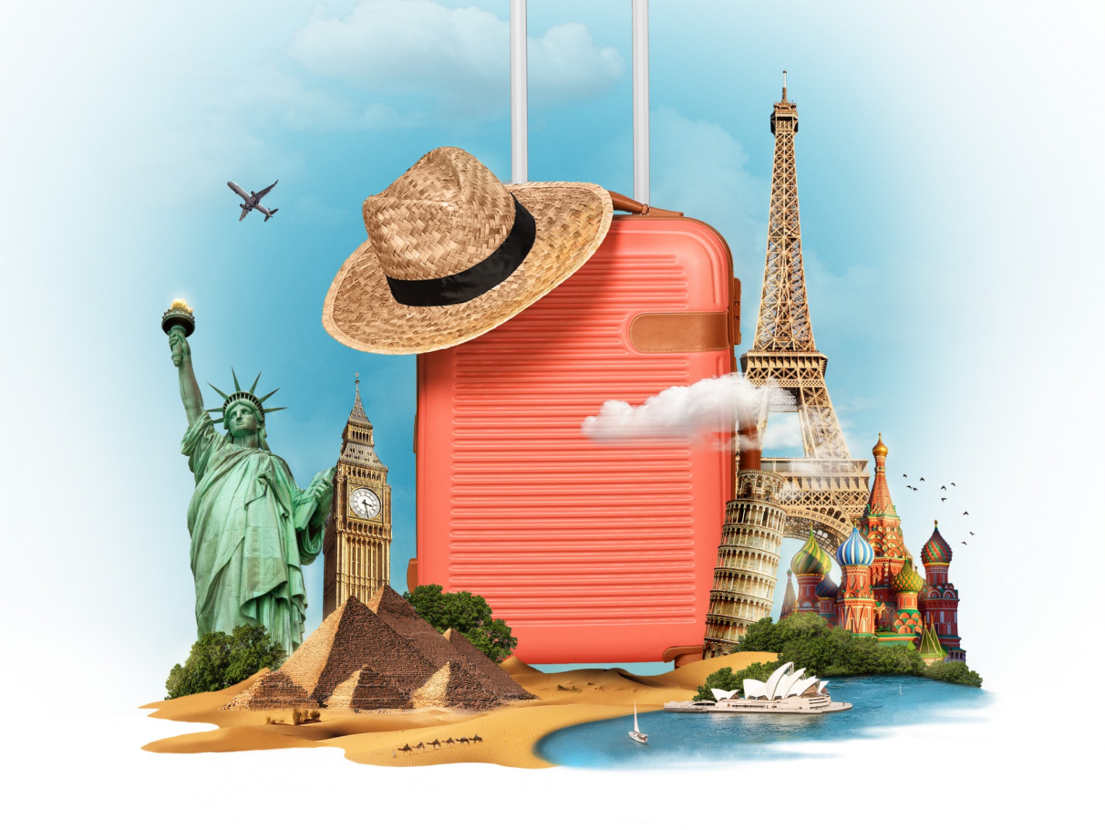 Travel suitcase surrounded by world landmarks