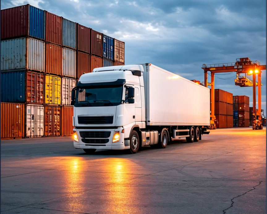 Freight truck at a container port at dusk
