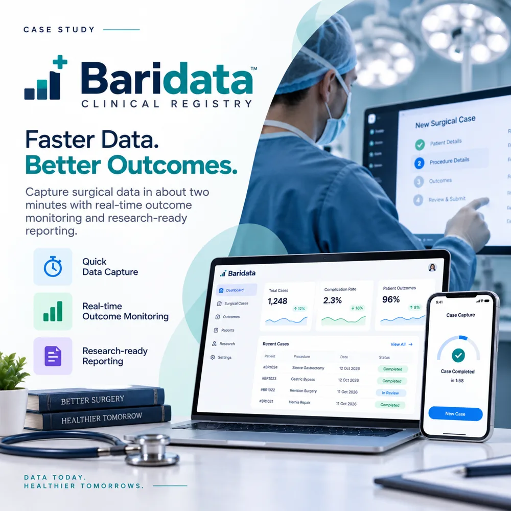Baridata clinical registry dashboard on a laptop and phone