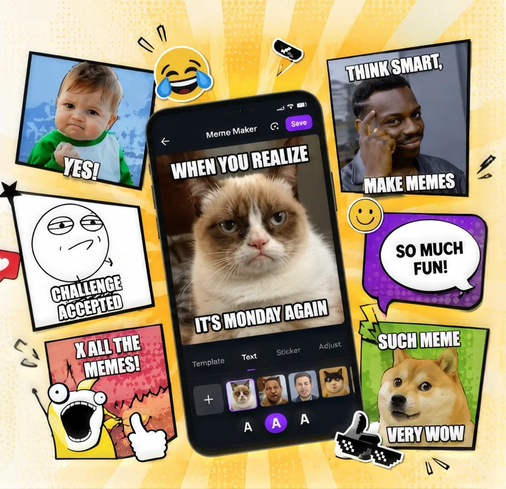 Meme Maker app on a phone surrounded by meme templates