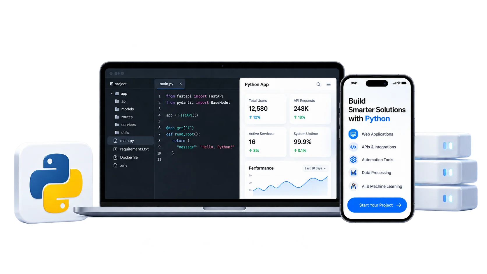 Python application dashboard on a laptop and phone with the Python logo