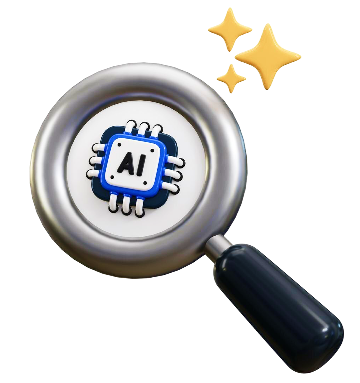 3D magnifying glass over an AI chip