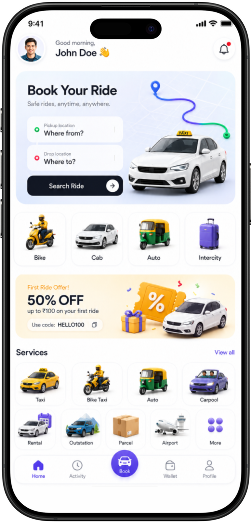 Ride booking screen of an on-demand mobile app