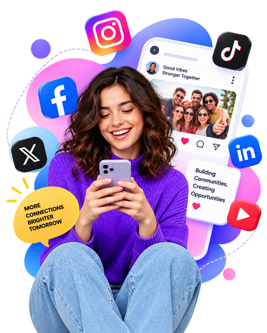 Woman using a social media app surrounded by social platform icons
