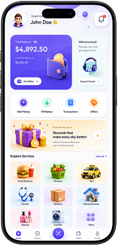 Super app wallet and services screen