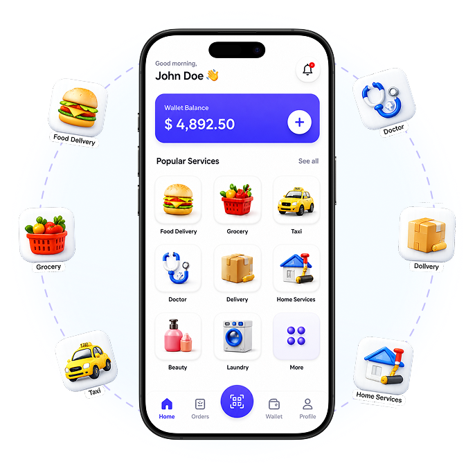 Super app screen with wallet and popular services like food delivery, grocery, taxi, and home services