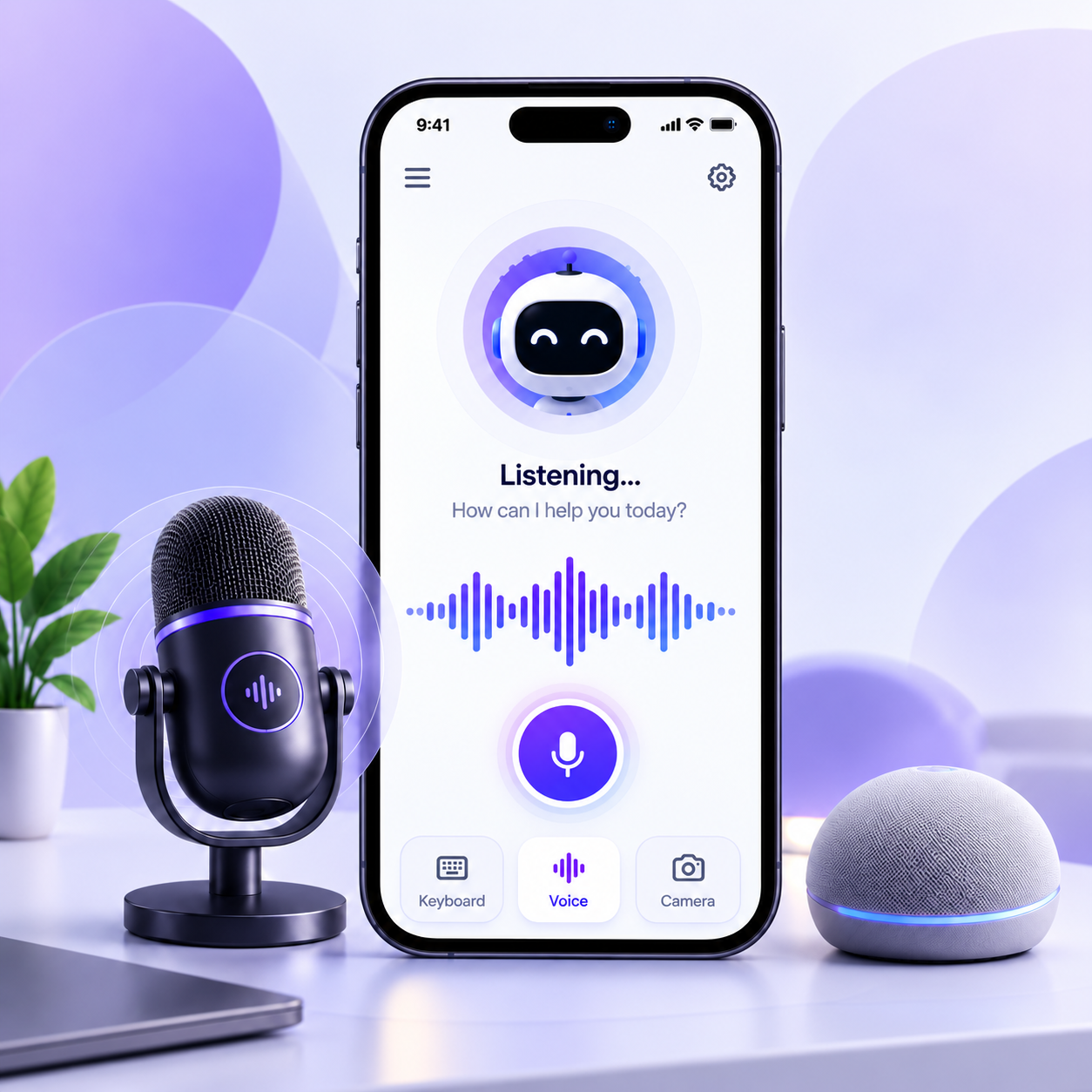 AI voice assistant app listening and showing a live voice waveform