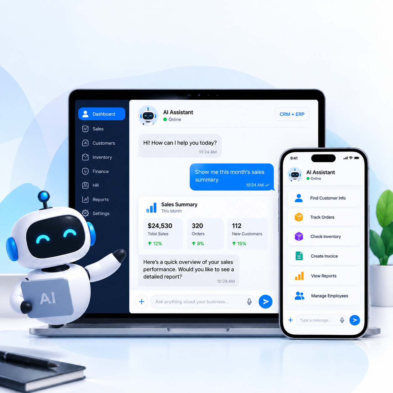 CRM and ERP chatbot pulling sales and inventory data into a dashboard