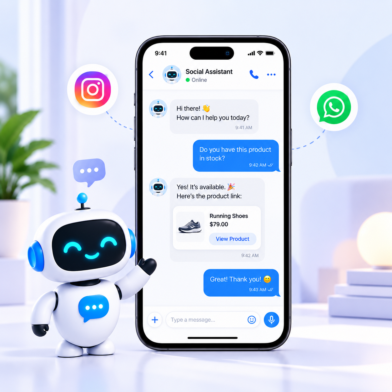 Social media chatbot replying to a product question in a messaging app