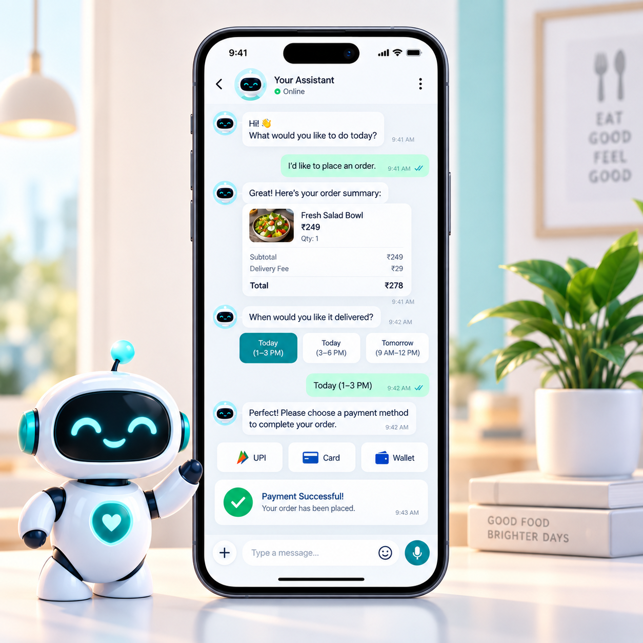 Transactional chatbot completing a booking, payment and delivery tracking flow