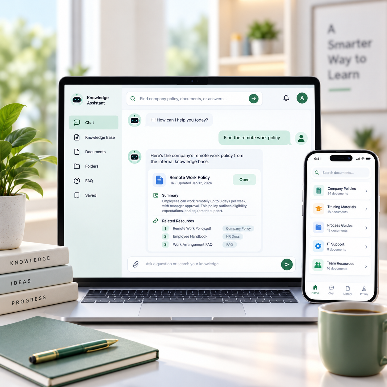 Knowledge-based AI chatbot searching company documents on a laptop