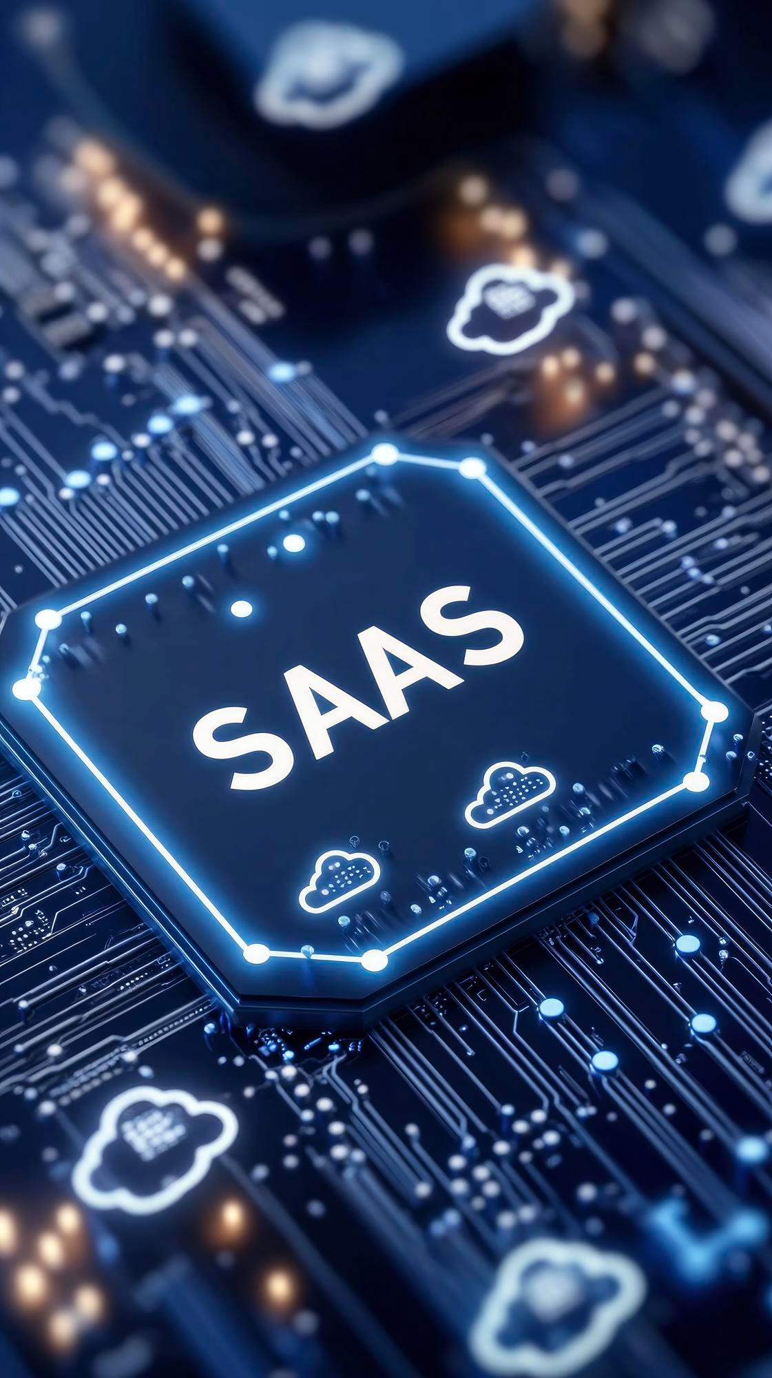 SaaS circuit board graphic with cloud connections