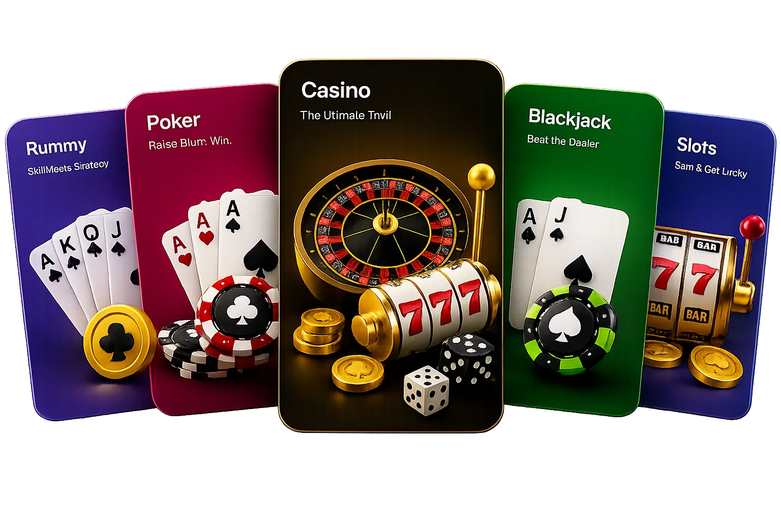 Rummy, poker, casino, blackjack and slots app screens
