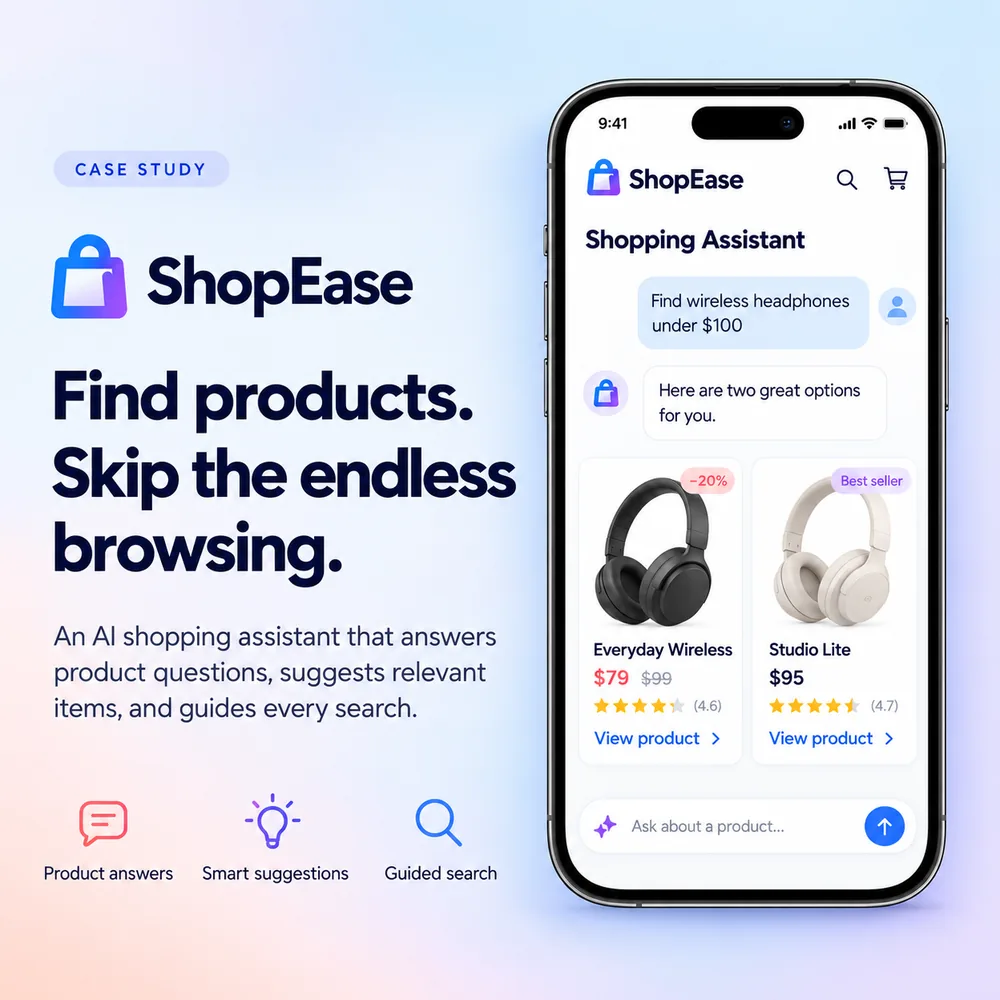 ShopEase mobile app with an AI shopping assistant suggesting wireless headphones