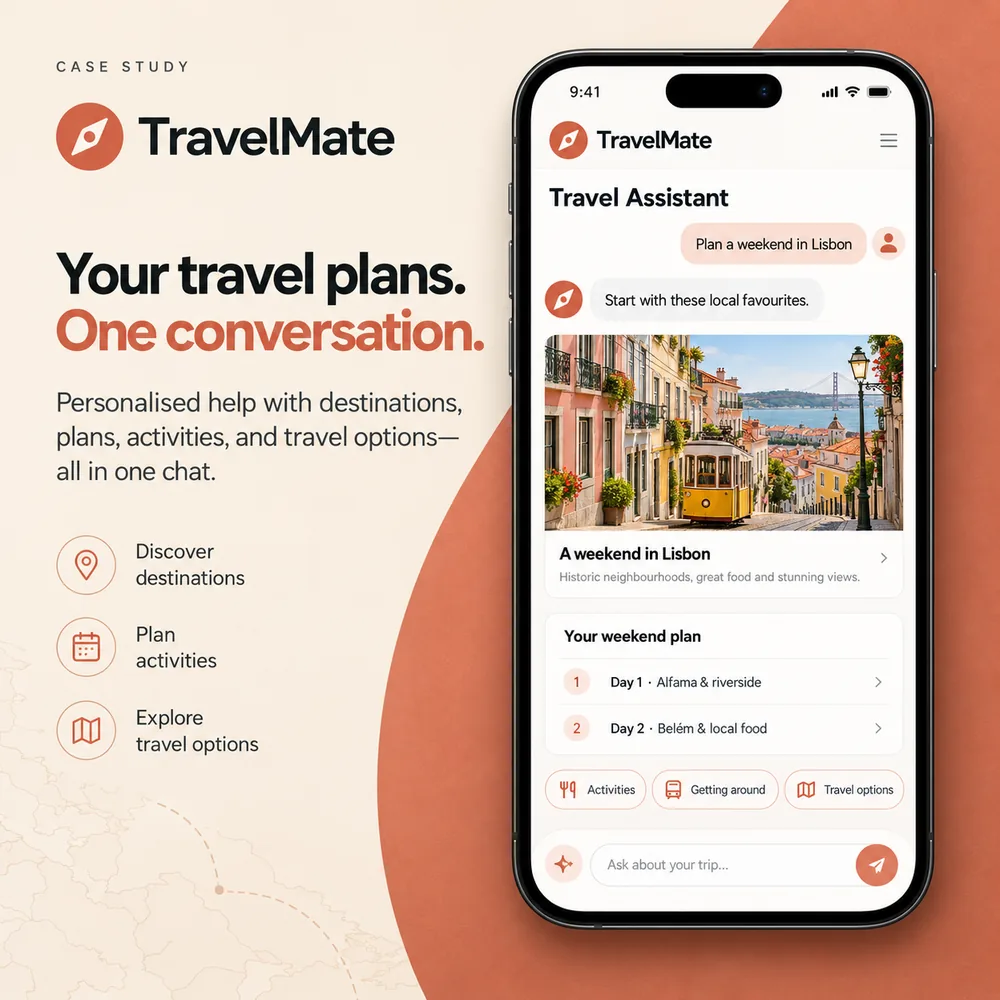 TravelMate mobile app with an AI travel assistant planning a weekend in Lisbon