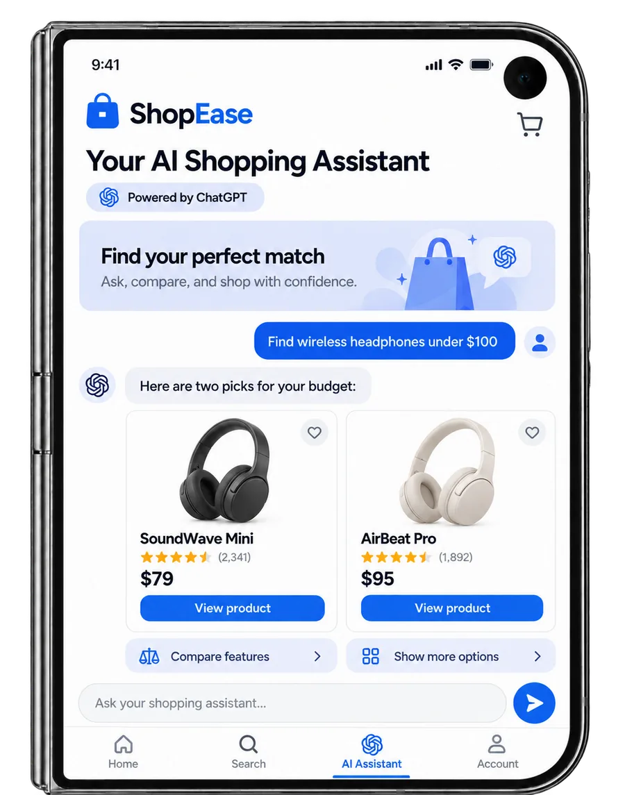 Existing mobile app with a ChatGPT-powered shopping assistant added to it