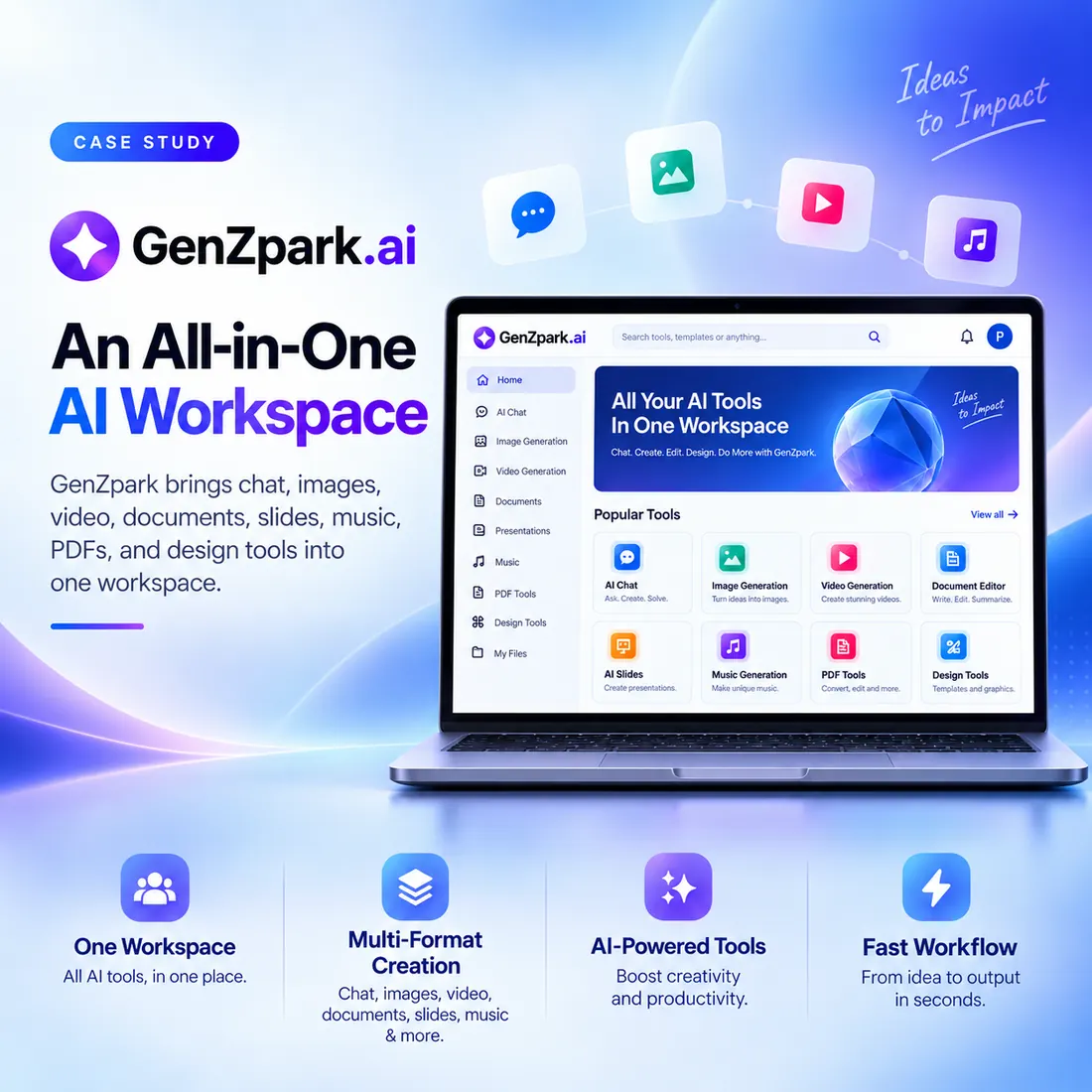 GenZpark.ai all-in-one AI workspace shown on a laptop