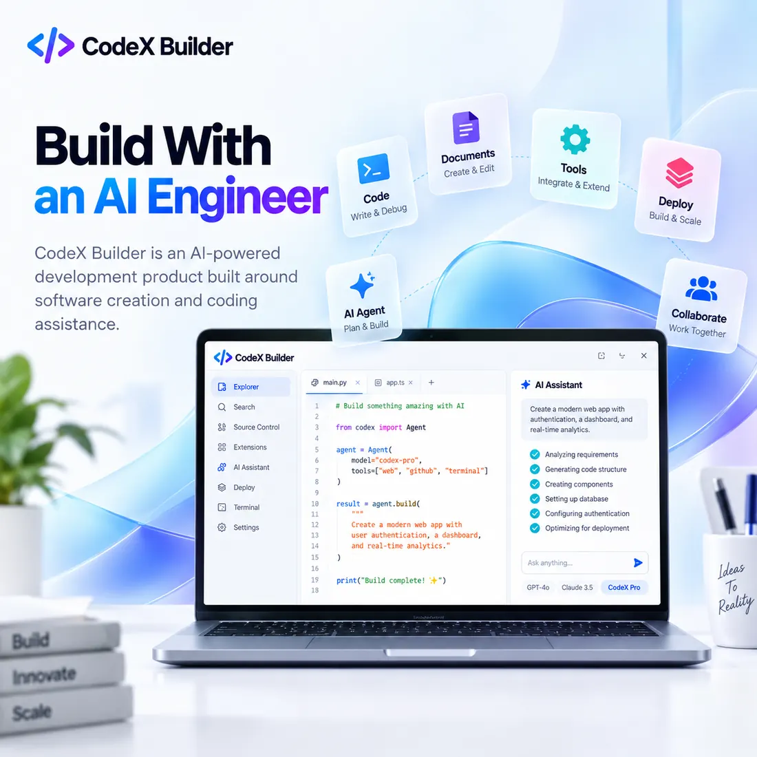 CodeX Builder AI engineering product shown on a laptop