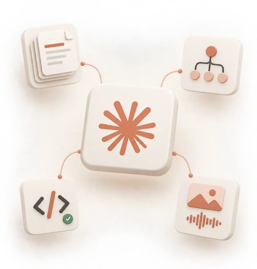 Claude AI starburst surrounded by document, code, image and audio capability tiles