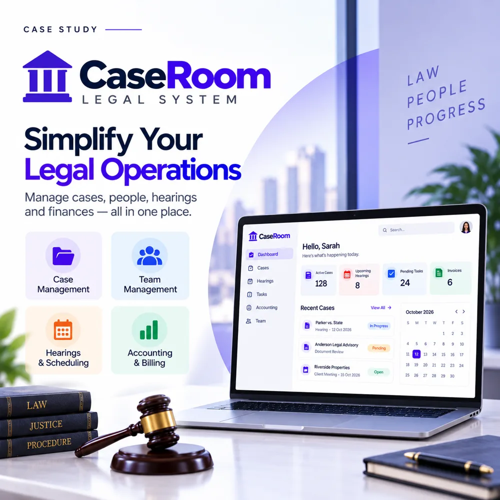 CaseRoom legal system dashboard on a laptop