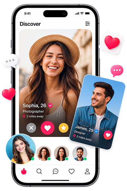 Dating app discover screen with profile cards