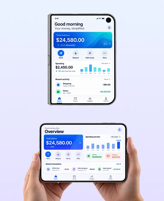 Hands holding a phone and a tablet running a fintech dashboard