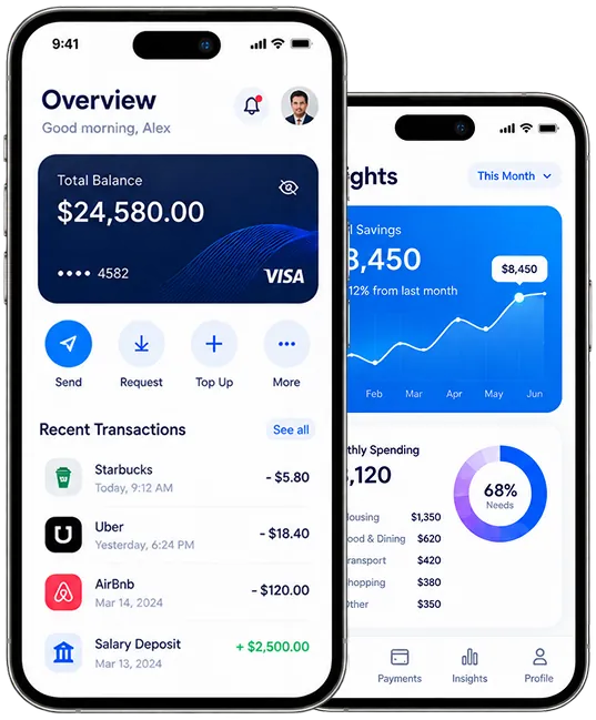 Fintech banking app screens showing account balance, recent transactions and spending insights