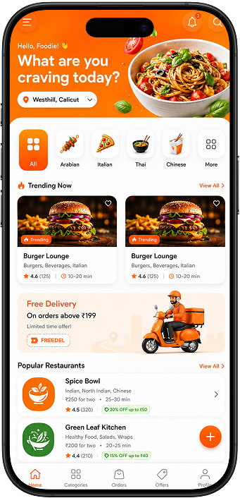 Food delivery app screens for browsing, ordering and live tracking