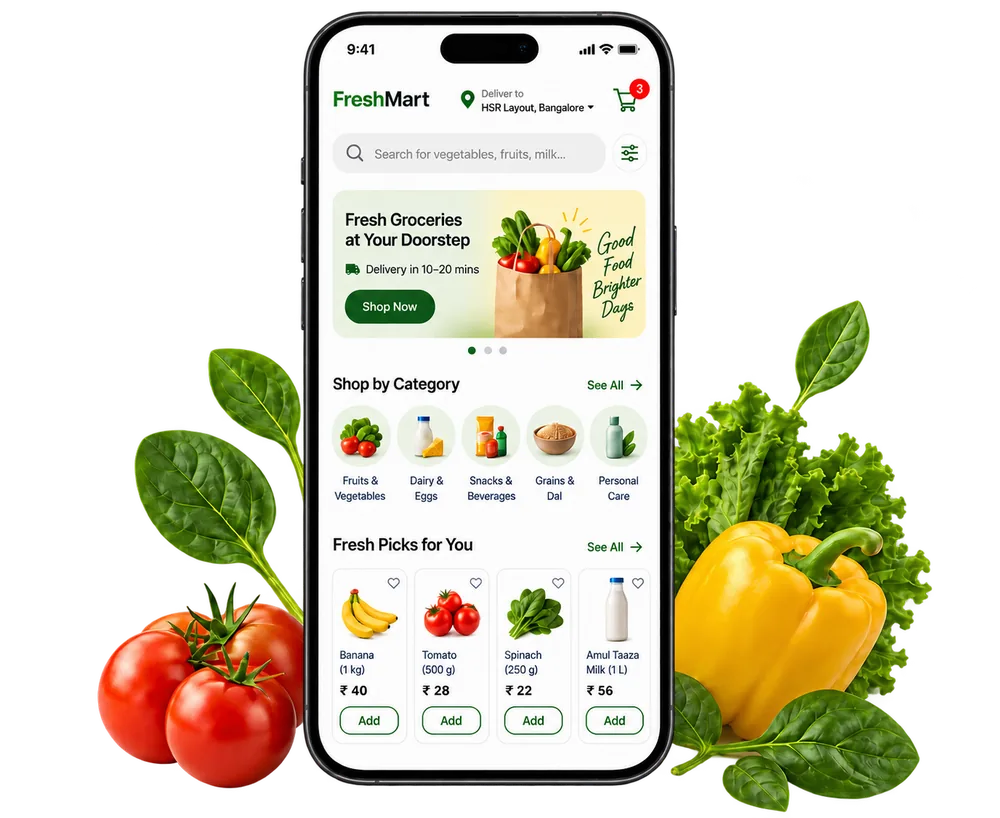 Grocery delivery app on a phone surrounded by fresh vegetables