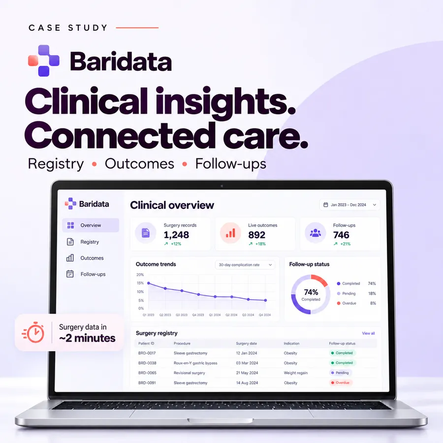 Baridata clinical overview dashboard with registry, outcomes and follow-ups