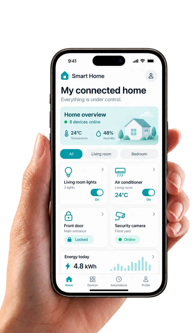Hand holding a phone with a connected home app showing devices and energy use