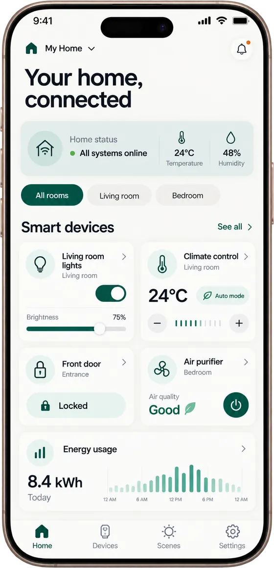 Smart home IoT app showing connected devices, climate control at 24°C and energy usage