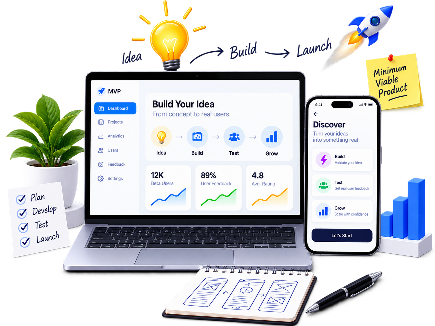 MVP app being planned, built, tested and launched across desktop and mobile