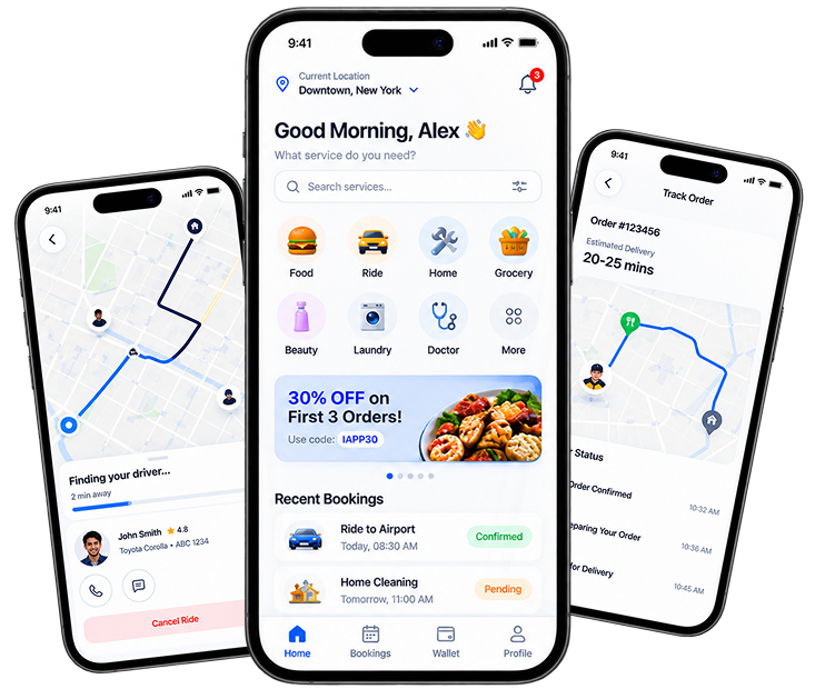On-demand app screens showing ride booking, service search and live order tracking