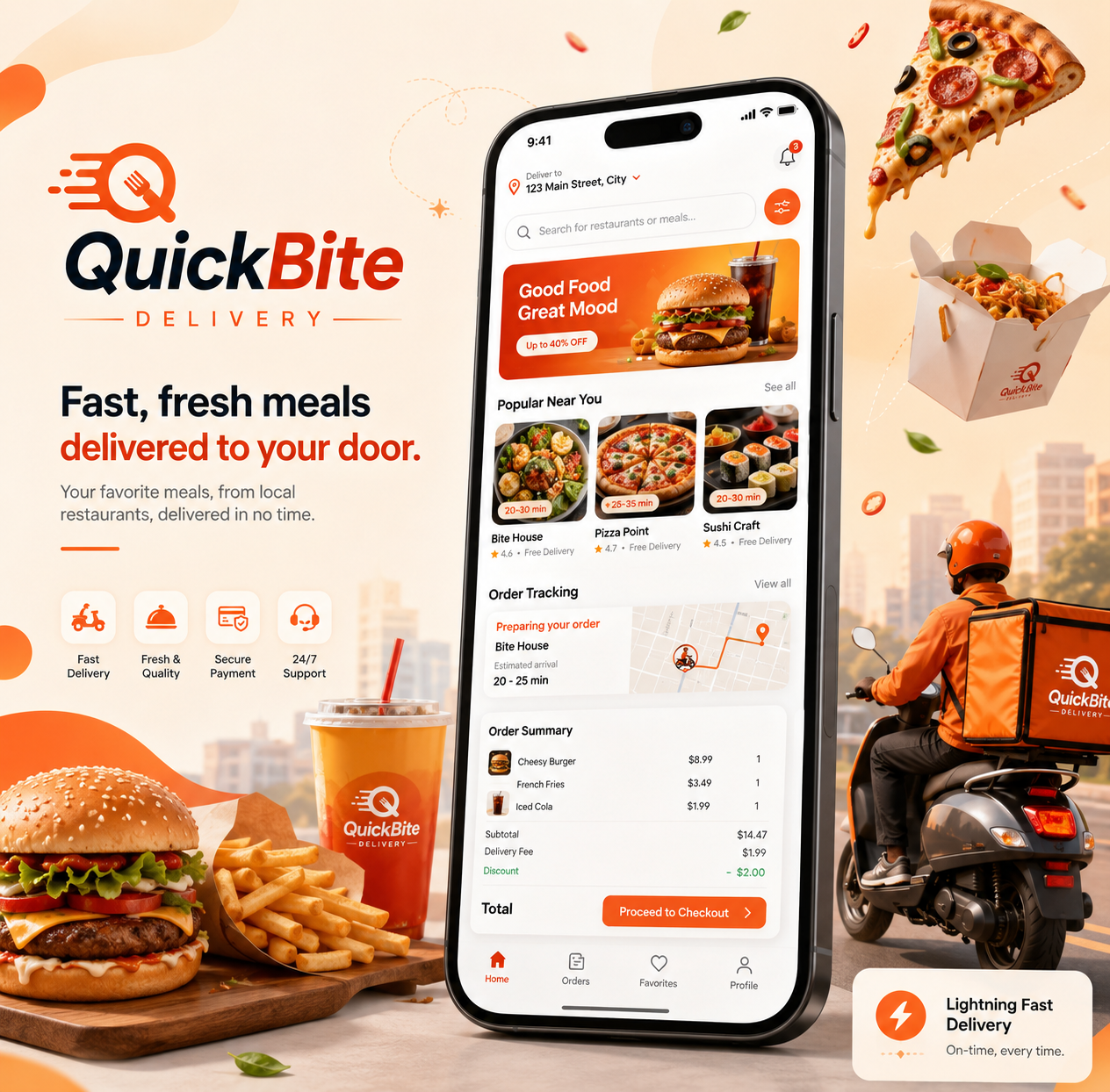 QuickBite Delivery app screens