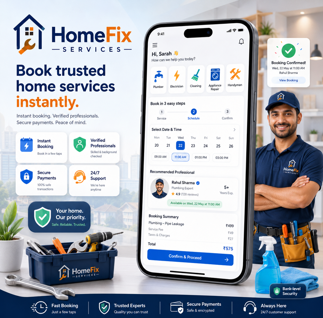 HomeFix Services app screens