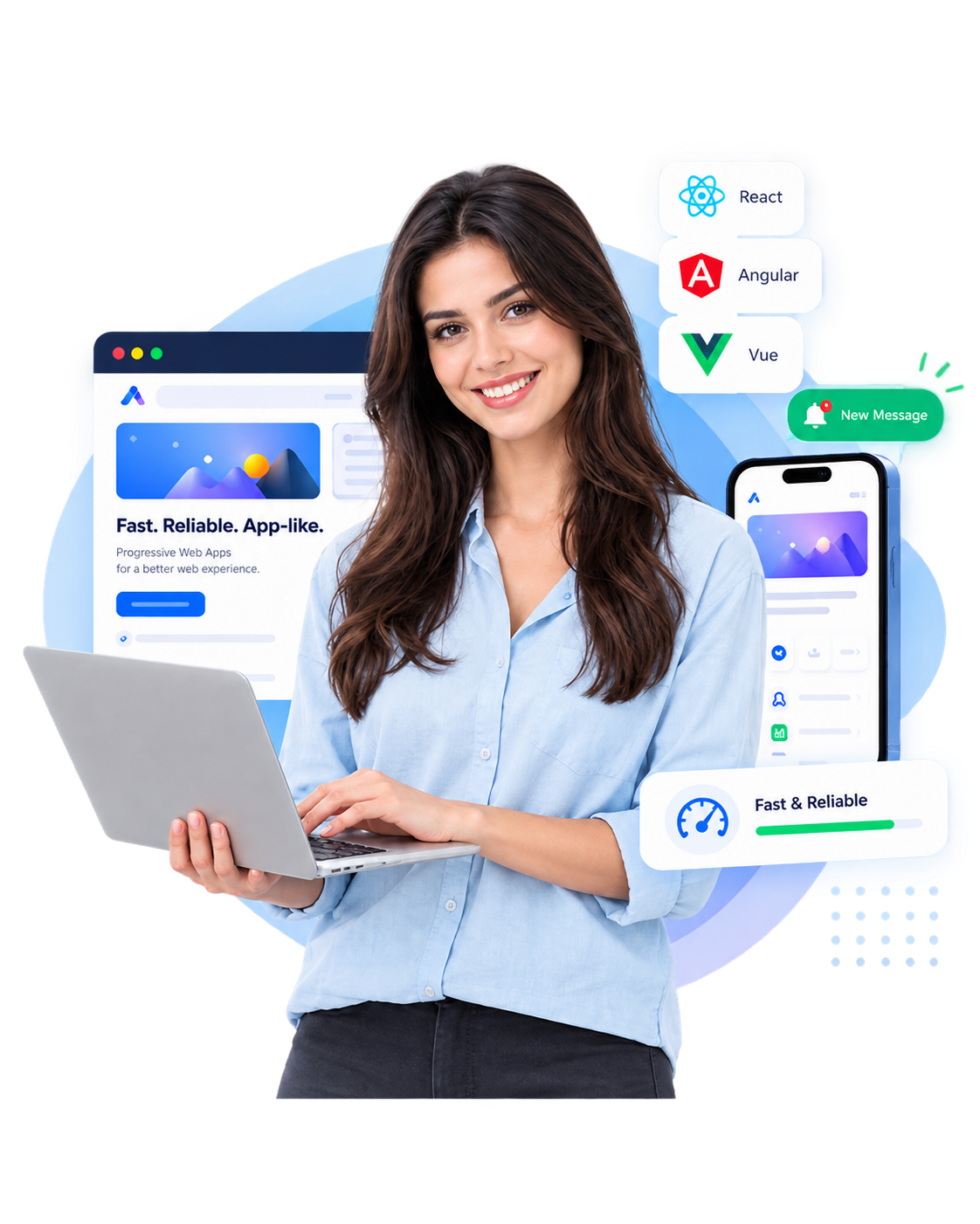 Progressive web app built with React, Angular and Vue running on desktop and mobile
