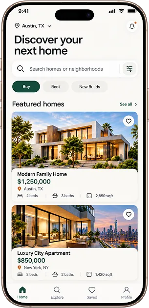 Real estate app home screen with featured homes