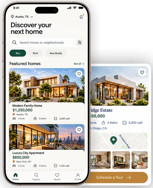 Real estate app screens showing featured homes, search and property details