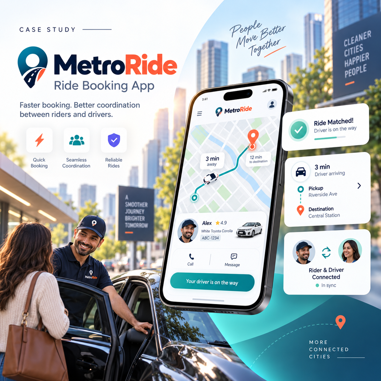 MetroRide ride booking app case study screens