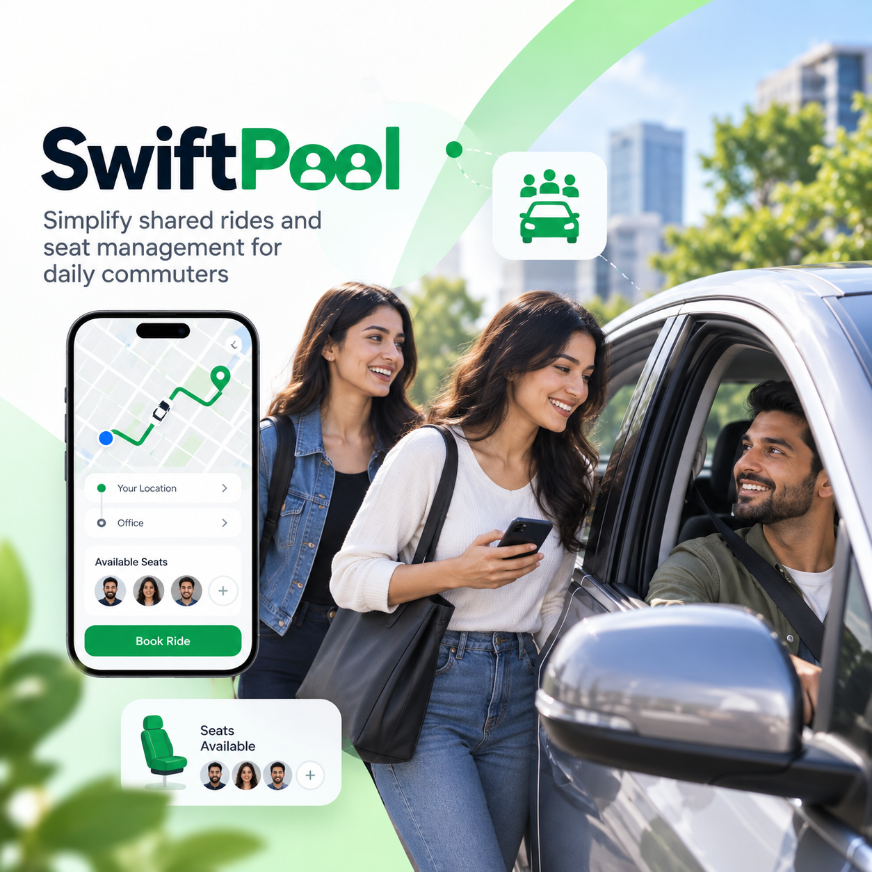 SwiftPool carpooling app case study screens