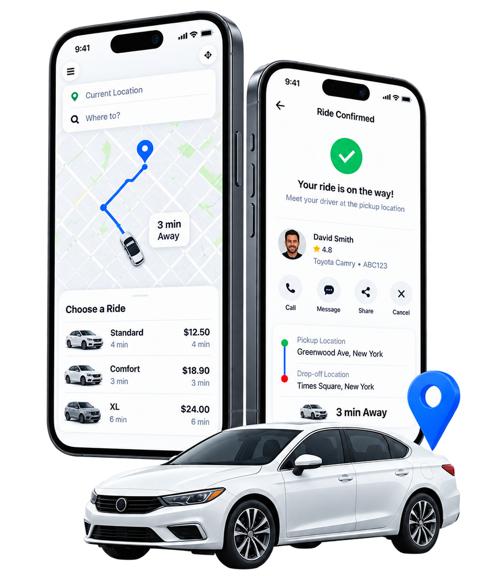 Ride sharing app screens showing ride options and fare breakdown