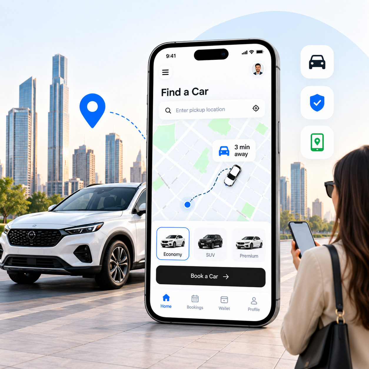 Car sharing app booking screen shown beside a parked vehicle