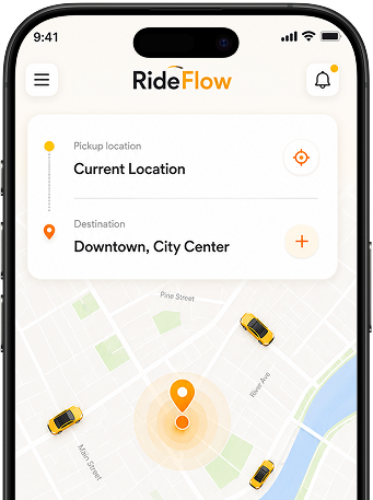 Ride booking app map screen with nearby drivers