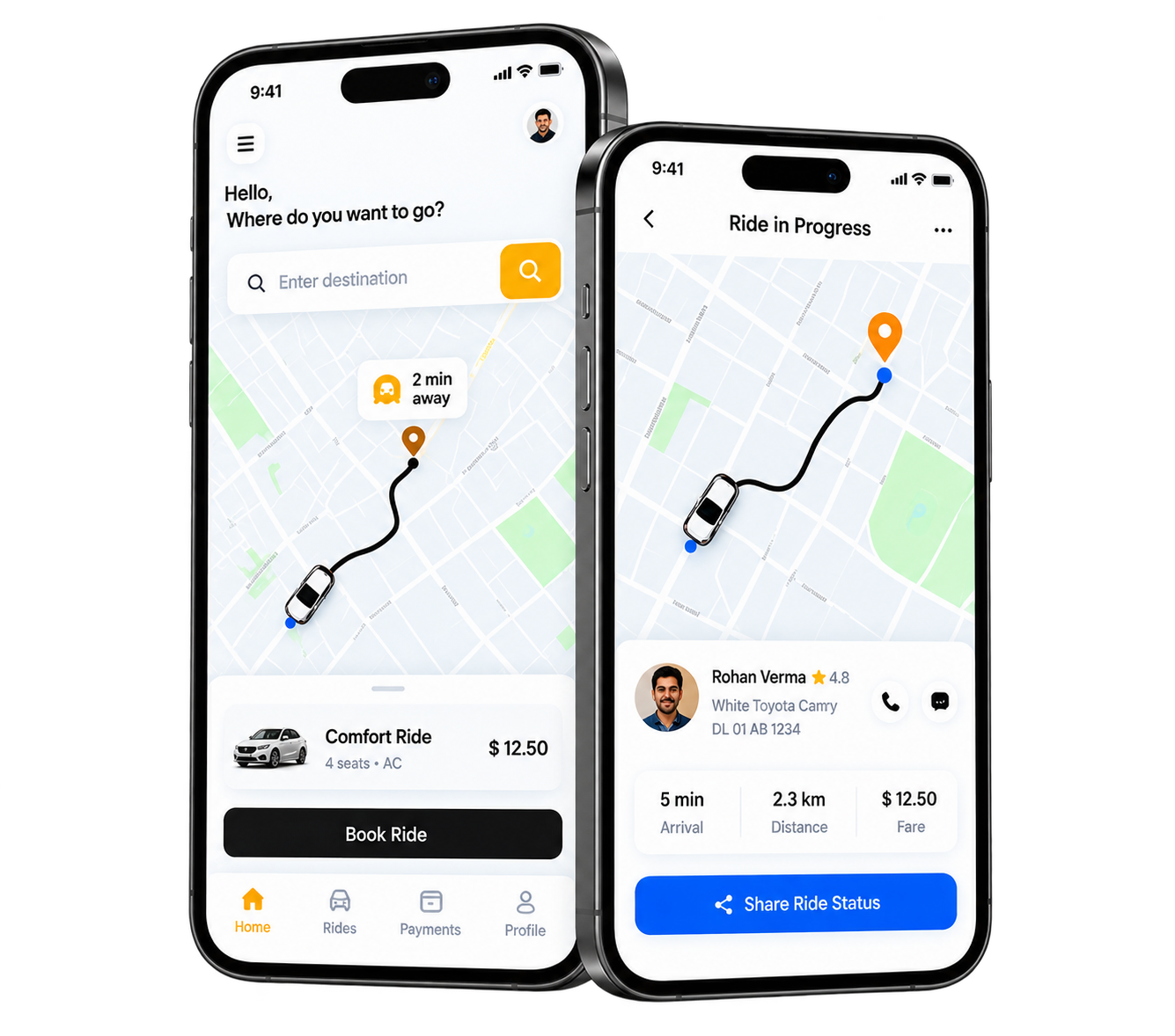 Ride sharing app screens for booking a ride and tracking a trip in progress