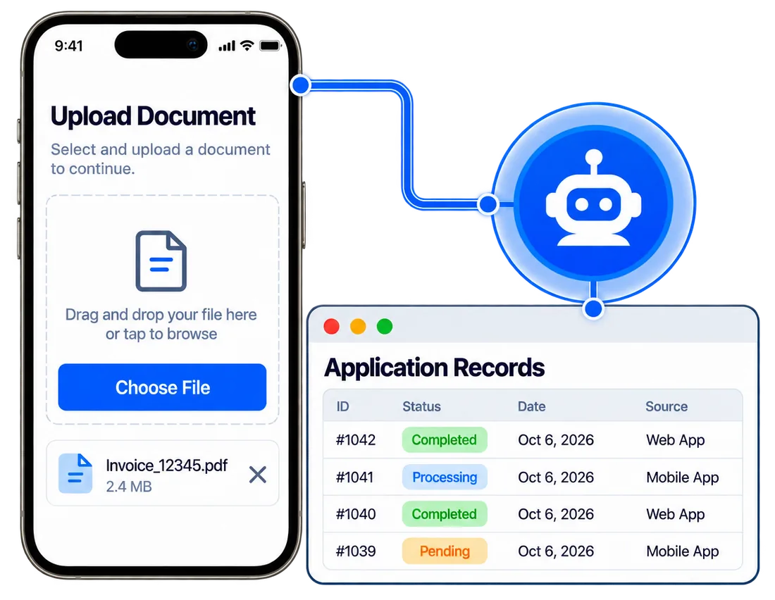 Document uploaded in a mobile app, picked up by an RPA bot and written to application records