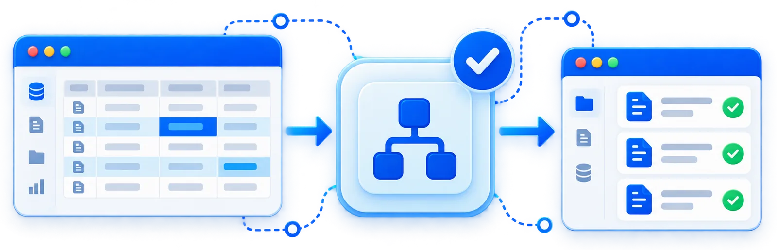 Records moving from one system through an automated workflow into another system
