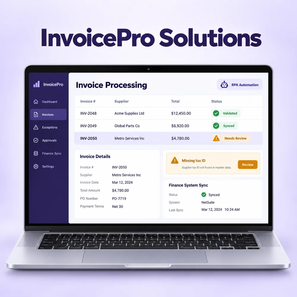 InvoicePro Solutions RPA workflow dashboard