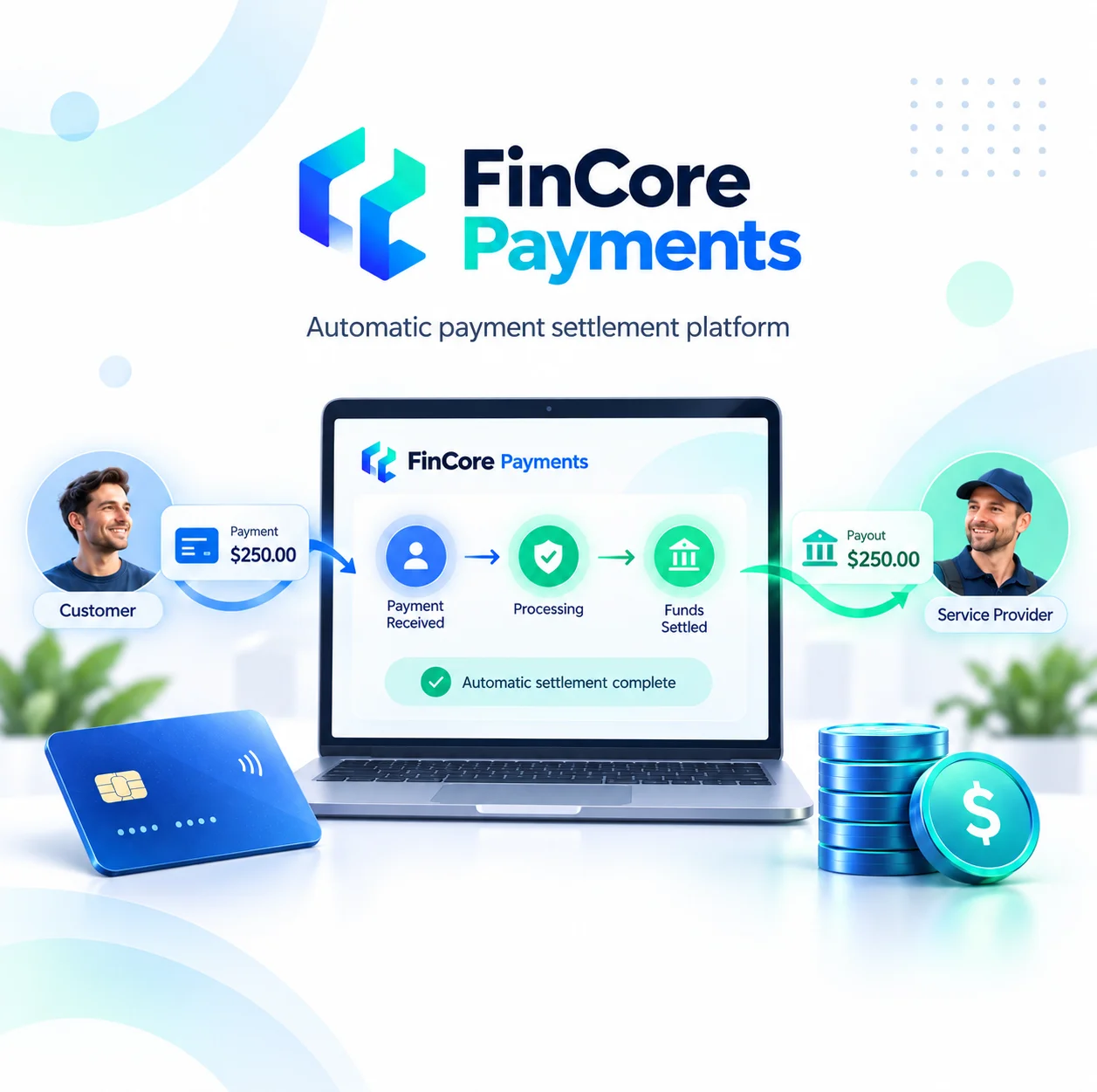 FinCore Payments automatic settlement dashboard